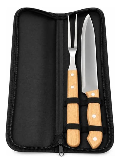 Kit Churrasco 2 Pçs Aço Inox Cabo Madeira Com Estojo